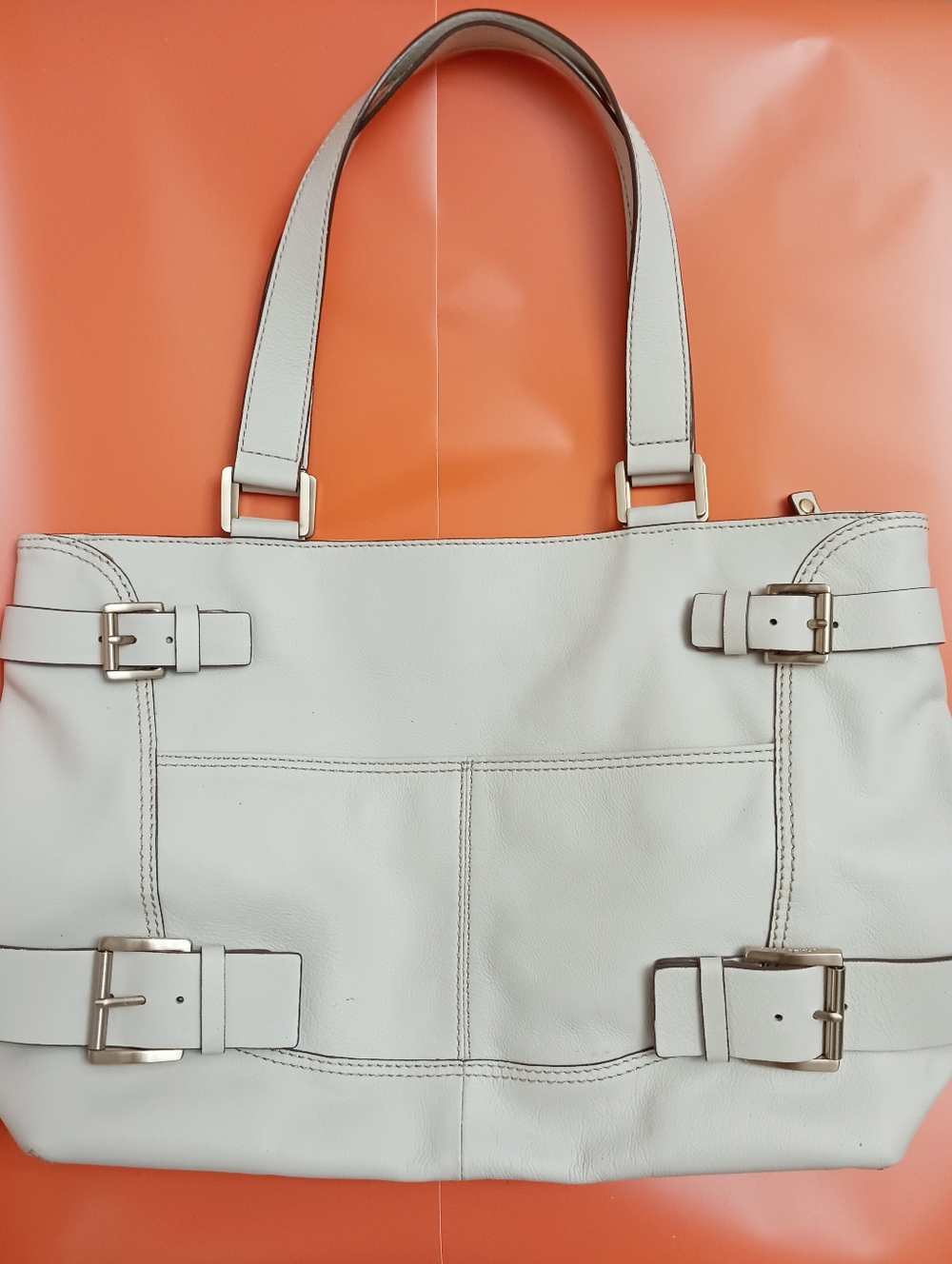 Michael Kors Cream Leather Large Handbag Or Tote with Gold Buckle Accents